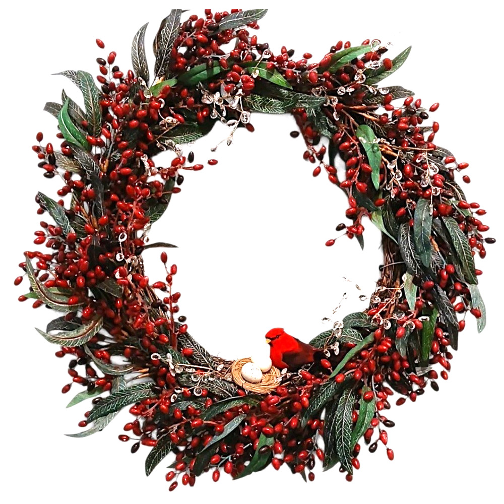 Winter Berries Door Wreath Realistic Red CARDINAL‎ Egg Nest Holiday Ice Crystals